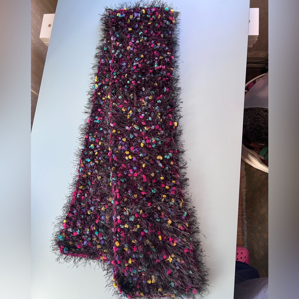 Handmade Knit Scarf Mixed Yarns Multicolored Black Blue Red Yellow Hot Pink